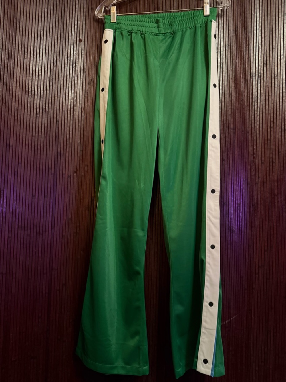 Green Snap-Button Track Pants with White Side Stripe